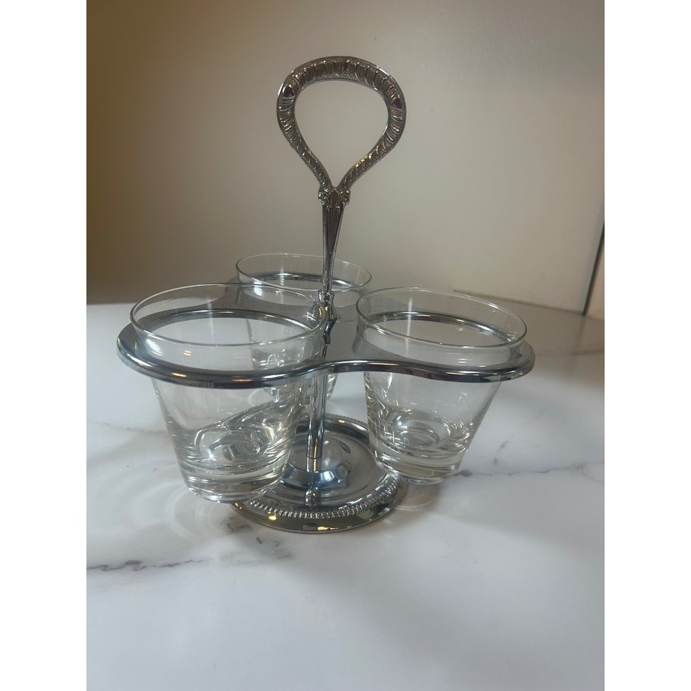 Vintage Irvinware Chrome 3 Glass Insert Condiment Server Caddy Made in‎ USA